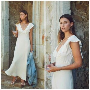 Merritt Charles Florence Ivory Silk Dress Ruffle Lace Trim Romantic Bridal Midi